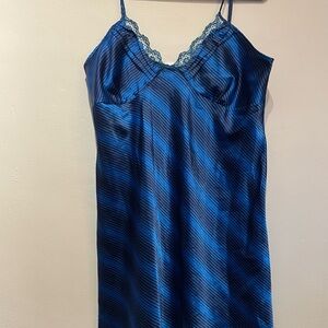 George Blue Satin Slip Dress with Lace Trim